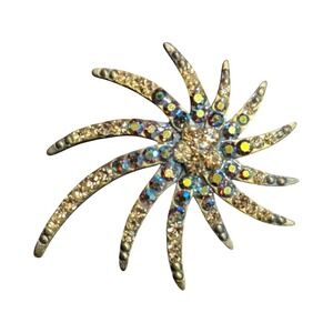 Vintage Starburst Rhinestone Brooch Pin With Multi-Color Crystals 2"